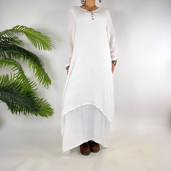 Hanyi Fushi White Beachy Boho Coastal Chic Long Sleeve Asymmetrical Dress / M - Picture 4 of 7